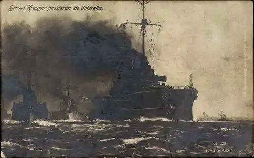 Ak Deutsche Kriegsschiffe, Große Kreuzer passieren die Unterelbe, Kaiserliche Marine