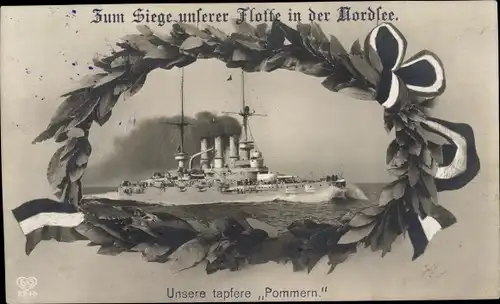 Ak Deutsches Kriegsschiff SMS Pommern, Linienschiff, Sieg der Flotte in der Nordsee, Lorbeerkranz