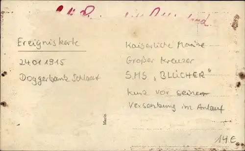 Foto Ak Deutsches Kriegsschiff, SMS Blücher 24. Januar 1915, Kaiserliche Marine