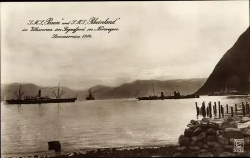 Ak Deutsche Kriegsschiffe SMS Posen und SMS Rheinland im Sognefjord in Norwegen, Sommerreise 1914