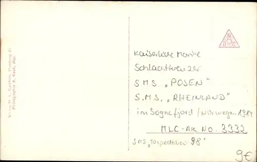 Ak Deutsche Kriegsschiffe SMS Posen und SMS Rheinland im Sognefjord in Norwegen, Sommerreise 1914