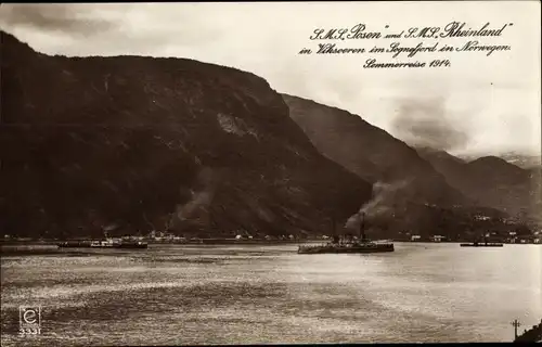 Ak Deutsche Kriegsschiffe SMS Posen und SMS Rheinland im Sognefjord Norwegen, Sommerreise 1914