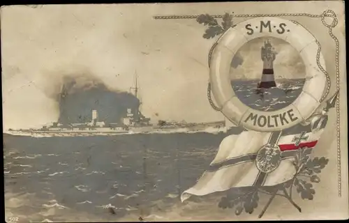 Ak Deutsches Kriegsschiff, SMS Moltke, Kaiserliche Marine, Leuchtturm, Fahne, Eichenlaub