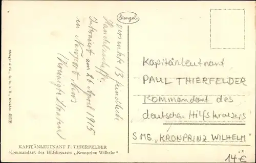 Künstler Ak Kapitänleutnant Paul Thierfelder, Kommandant SMS Kronprinz Wilhelm, Kaiserliche Marine