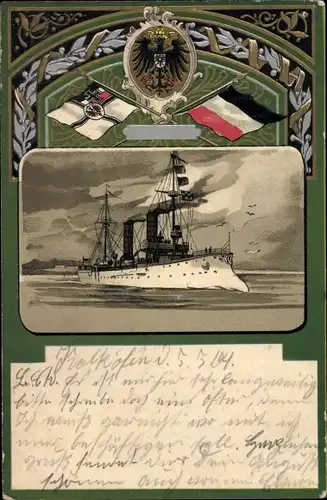 Präge Wappen Passepartout Litho Deutsches Kriegsschiff, Kleiner Kreuzer, Kaiserliche Marine