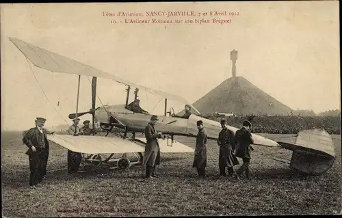 Ak Fete d'Aviation Nancy-Jarville 1912, L'Aviateur Moineau sur son biplan Breguet