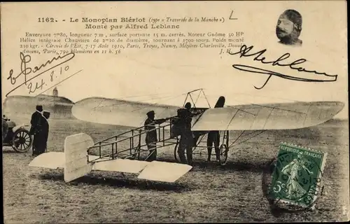 Ak Le Monoplan Bleriot, Monte par Aflres Leblanc, Flugzeug, Flugpionier