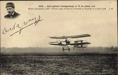 Ak Aeroplane Delegrange no 2 en plein vol, Flugzeug, Flugpionier