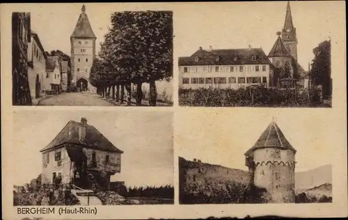 Ak Bergheim Elsass Haut Rhin, Ortsansichten, Turm, Kirche, Straße