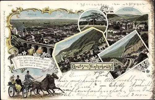 Litho Hinterbrühl in Niederösterreich, Klausen mit elektrischer Bahn, Mödling, Breite Föhre