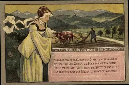 Ak Oberhaslach Elsass Bas Rhin, Das Riesenfräulein von Burg Nideck, Bauer, Pflug