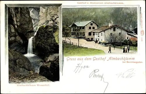 Ak Berchtesgaden in Oberbayern, Gasthof Almbachklamm, Wasserfall