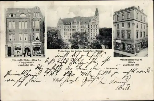 Ak Hansestadt Bremen, Technikum, Neustadt, Kleine Allee 6a, Hauptgeschäft, Ostertorsteinweg