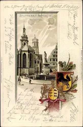 Präge Wappen Litho Stuttgart, Stadtkirche mit Schillerdenkmal
