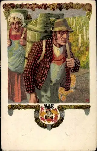 Wappen Ak Südmark, Bauern mit Körben, Weinlese