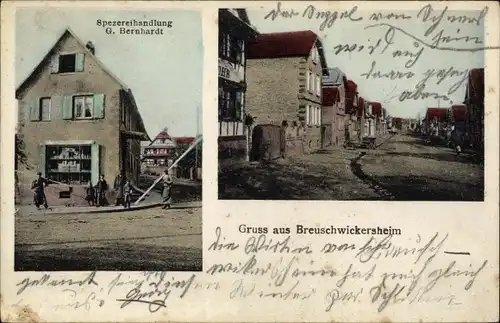 Ak Breuschwickersheim Elsass Bas Rhin, Spezereihandlung G. Bernhardt, Straßenpartie