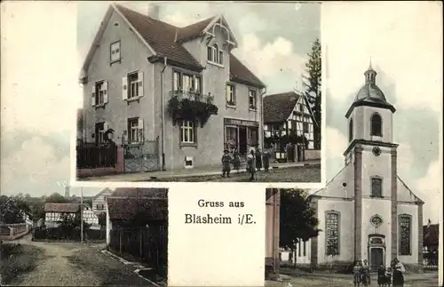 Ak Blaesheim Bläsheim Elsass Bas Rhin, Kirche, Geschäftshaus