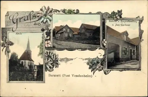 Ak Berstett Elsass Bas Rhin, Kirche, Bäckerei, Spezereihandlung