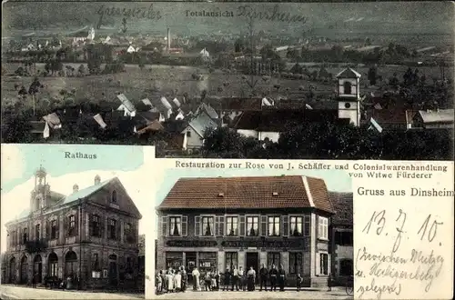Ak Dinsheim Elsass Bas Rhin, Rathaus, Restauration zur Rose, Kolonialwarenhandlung