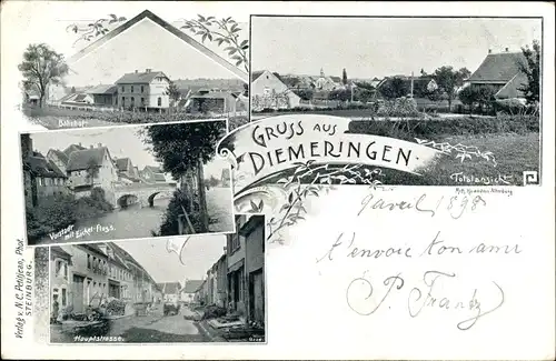 Ak Diemeringen Elsass Bas Rhin, Bahnhof, Vorstadt, Fluss, Hauptstraße, Gesamtansicht