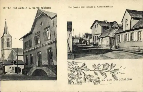 Ak Diebolsheim Elsass Bas Rhin, Kirche, Schule, Gemeindehaus, Dorfpartie