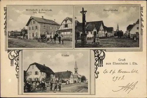 Ak Elsenheim Elsass Bas-Rhin, Wirtschaft zum Rebstock, Hauptstraße, Kirche