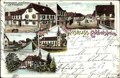 Litho Eckbolsheim Elsass Bas Rhin, Wirtschaft zum Engel, Hauptstraße, Kirche, Mühle, Kanal