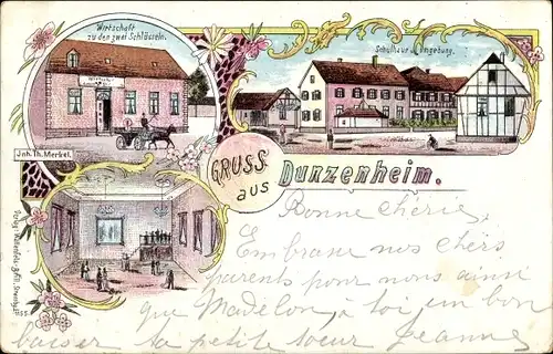 Litho Duntzenheim Dunzenheim Elsass Bas Rhin, Wirtschaft zu den zwei Schlüsseln, Schulhaus