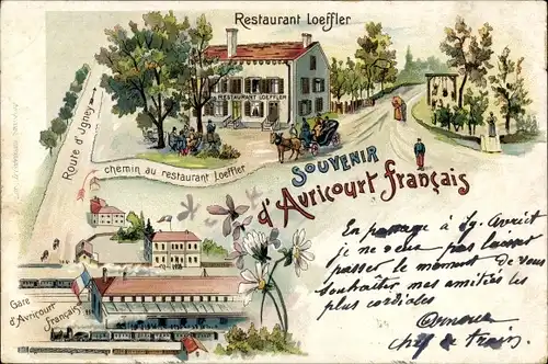 Litho Avricourt francais Lothringen Moselle, Restaurant Loeffler, Gare, route d'Igney