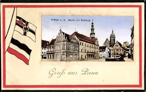 Ak Pirna in Sachsen, Markt mit Rathaus, Flaggen