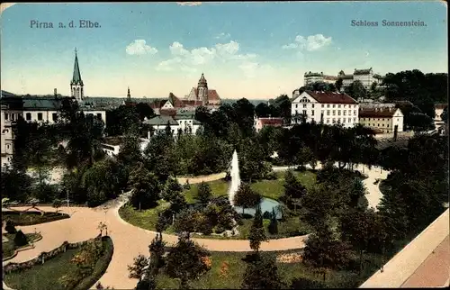 Ak Pirna an der Elbe, Schloss Sonnenstein, Parkanlage, Fontäne