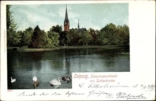 Ak Leipzig Lindenau Sachsen, Johannaparkteich mit Lutherkirche, Schwäne