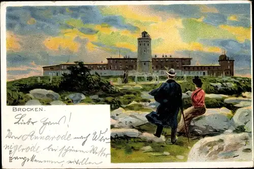 Ak Brocken Nationalpark Harz, Brockenhaus, verweilende Wanderer