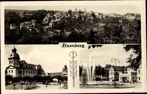 Ak Eisenberg in Thüringen, Brunnen mit Fontäne, Gesamtansicht, Straßenpartie
