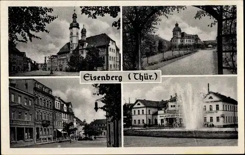 Ak Eisenberg Thüringen, Brunnen mit Fontäne, Straßenpartien