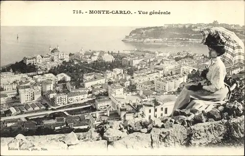 Ak Monte Carlo Monaco, Vue générale, Frau mit Sonnenschirm