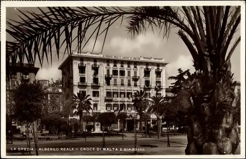 Ak La Spezia Liguria, Albergo Reale, Croce di Malta e Giardini