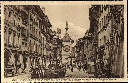Ak Bern Stadt Schweiz, Marktgasse vom Kaiserhaus aus gesehen, Schützenbrunnen und Zeitglockenturm