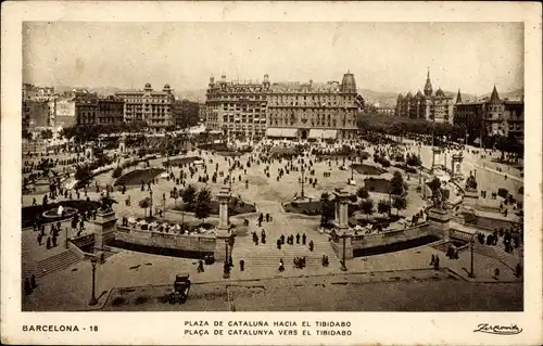 Ak Barcelona Katalonien Spanien, Plaza de Cataluña, Plaça de Catalunya vers el Tribidabo