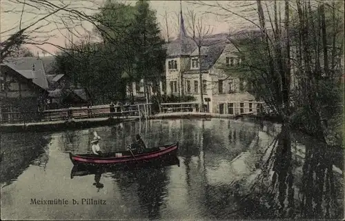 Ak Dresden Pillnitz, Meixmühle im Friedrichsgrund, Boot im Teich