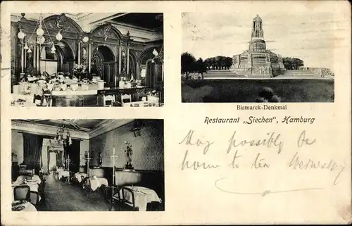 Ak Hamburg Altstadt, Restaurant Siechen, Innenansicht, Bismarckdenkmal