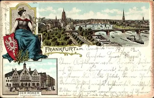 Wappen Litho Frankfurt am Main, Der Römer, Blick auf den Ort, Brücke