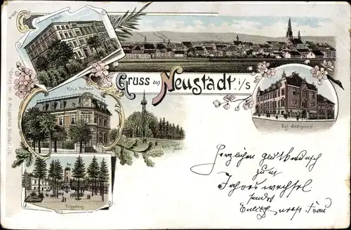 Litho Neustadt in Sachsen, Totale, Kgl. Amtsgericht, Schule, Kgl. Postamt, Unterberg