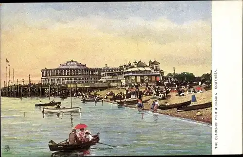 Künstler Ak Southsea Portsmouth South East England, The Clarence Pier & Beach, Ruderboot