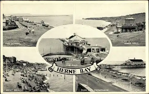 Ak Herne Bay Kent England, Kings Hall, Pier and Promenade, West Beach, The Downs, The Pier