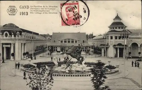 Ak Gand Gent Ostflandern, Exposition 1913, Le Pavillon de la Direction, Brunnen, Statue