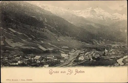 Ak St. Anton am Arlberg in Tirol, Bahnstrecke, Bahnhof, Landschaftspanorama