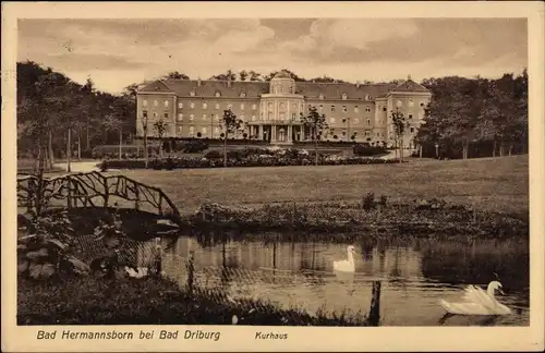 Ak Pömbsen Bad Driburg in Westfalen, Bad Hermannsborn, Kurhaus, Teich mit Schwänen, Brücke