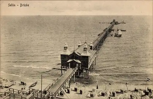 Ak Ostseebad Sellin auf Rügen, Seebrücke, Strand