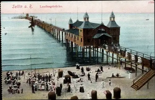 Ak Ostseebad Sellin auf Rügen, Landungsbrücke, Strand